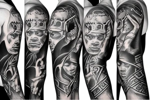 Black power themed sleeve tattoo with hidden satan 2d sketch tattoo idea