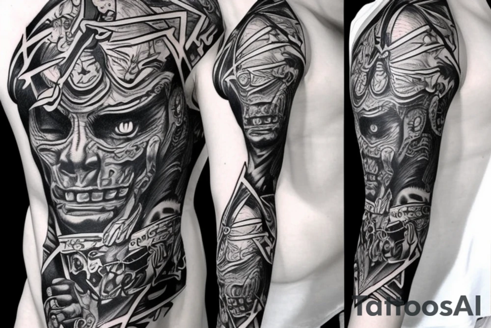 Black power themed sleeve tattoo with hidden satan 2d sketch tattoo idea