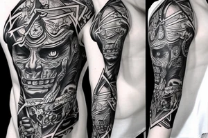 Black power themed sleeve tattoo with hidden satan 2d sketch tattoo idea