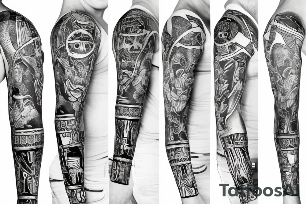 Black power themed sleeve tattoo with hidden satan 2d sketch tattoo idea