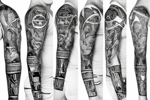 Black power themed sleeve tattoo with hidden satan 2d sketch tattoo idea