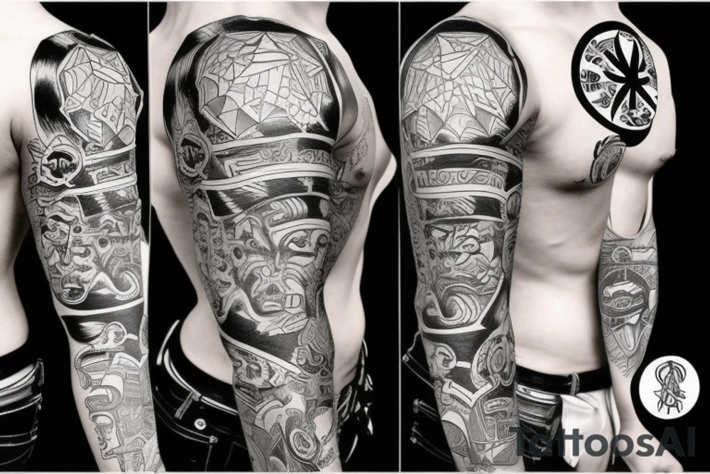 Black power themed sleeve tattoo with hidden satan 2d sketch tattoo idea