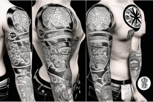 Black power themed sleeve tattoo with hidden satan 2d sketch tattoo idea