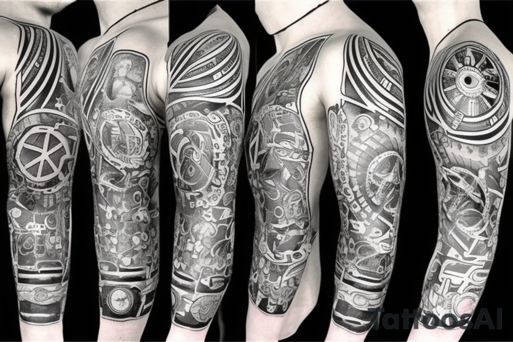 Black power themed sleeve tattoo with broken clock tattoo idea