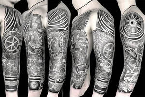 Black power themed sleeve tattoo with broken clock tattoo idea