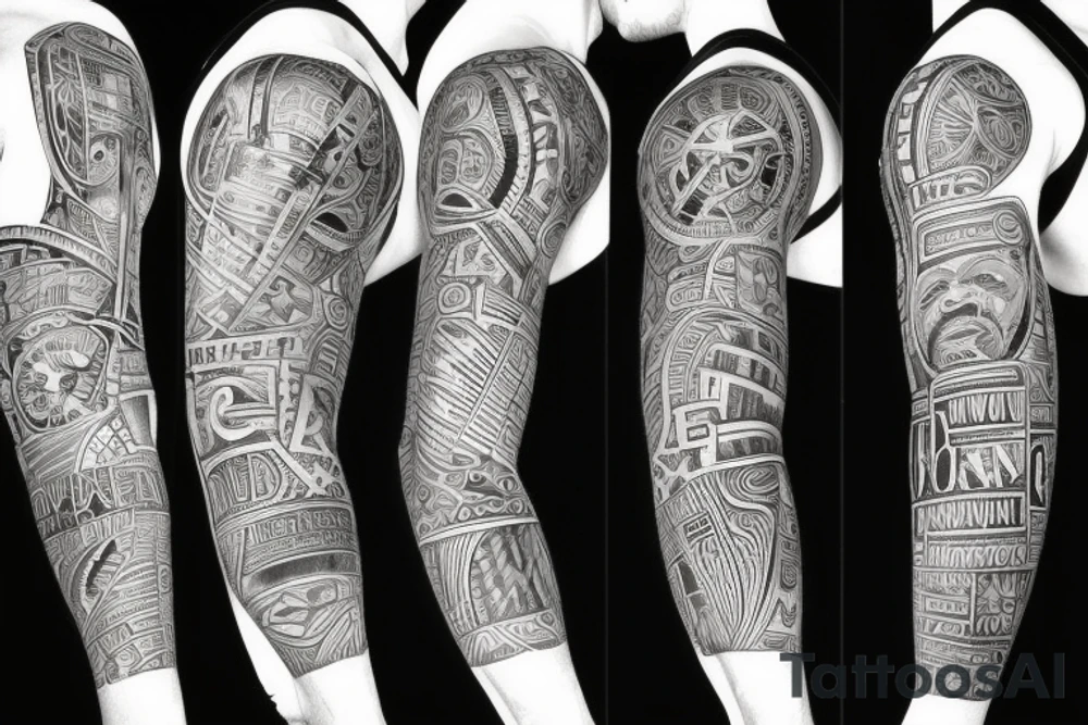 Black power themed sleeve tattoo with broken clock tattoo idea
