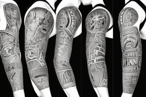 Black power themed sleeve tattoo with broken clock tattoo idea