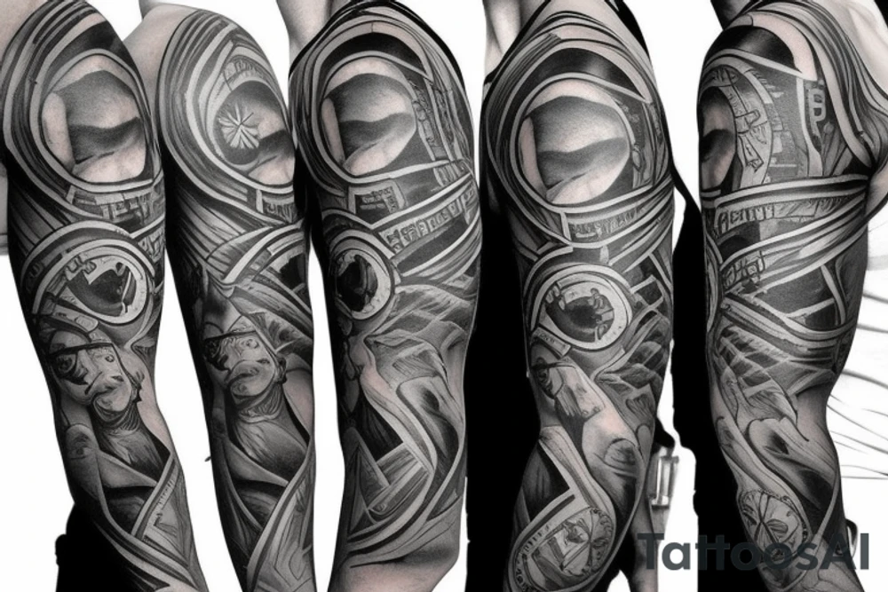 Black power themed sleeve tattoo with broken clock tattoo idea Black power themed sleeve tattoo with broken clock tattoo idea