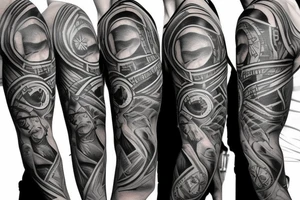 Black power themed sleeve tattoo with broken clock tattoo idea