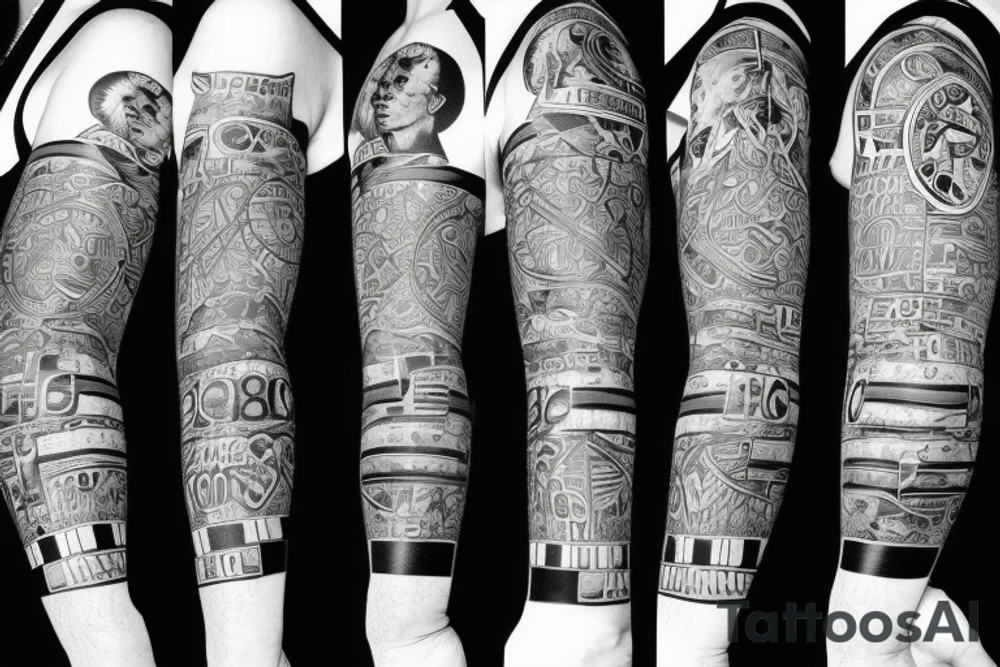 Black power themed sleeve tattoo with broken clock tattoo idea