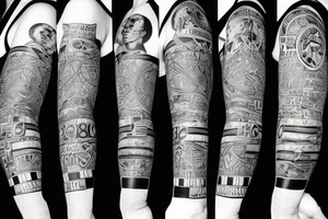 Black power themed sleeve tattoo with broken clock tattoo idea