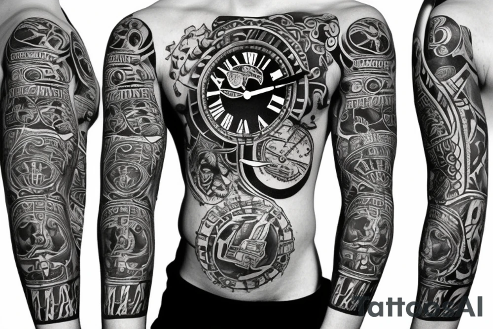 Black power themed sleeve tattoo with broken clock tattoo idea