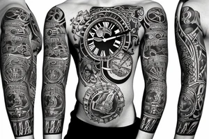 Black power themed sleeve tattoo with broken clock tattoo idea