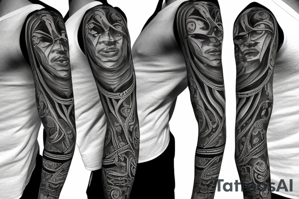 Black power themed sleeve tattoo with broken clock tattoo idea
