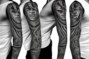 Black power themed sleeve tattoo with broken clock tattoo idea