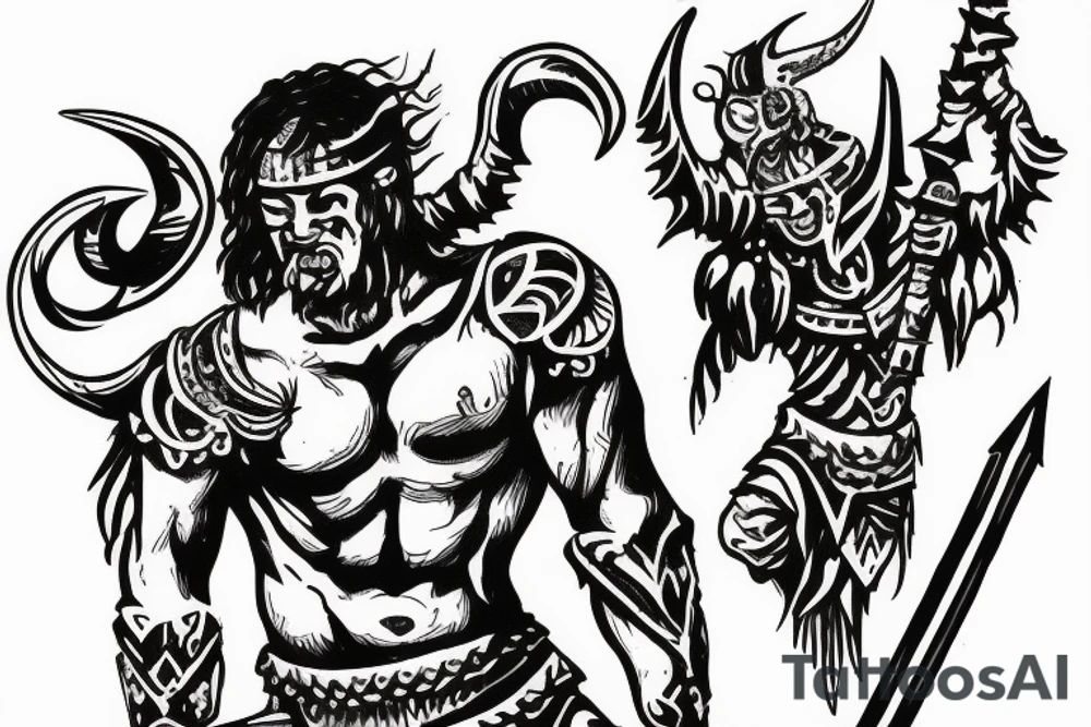 A gladiator stabbing a demon with a sword tattoo idea