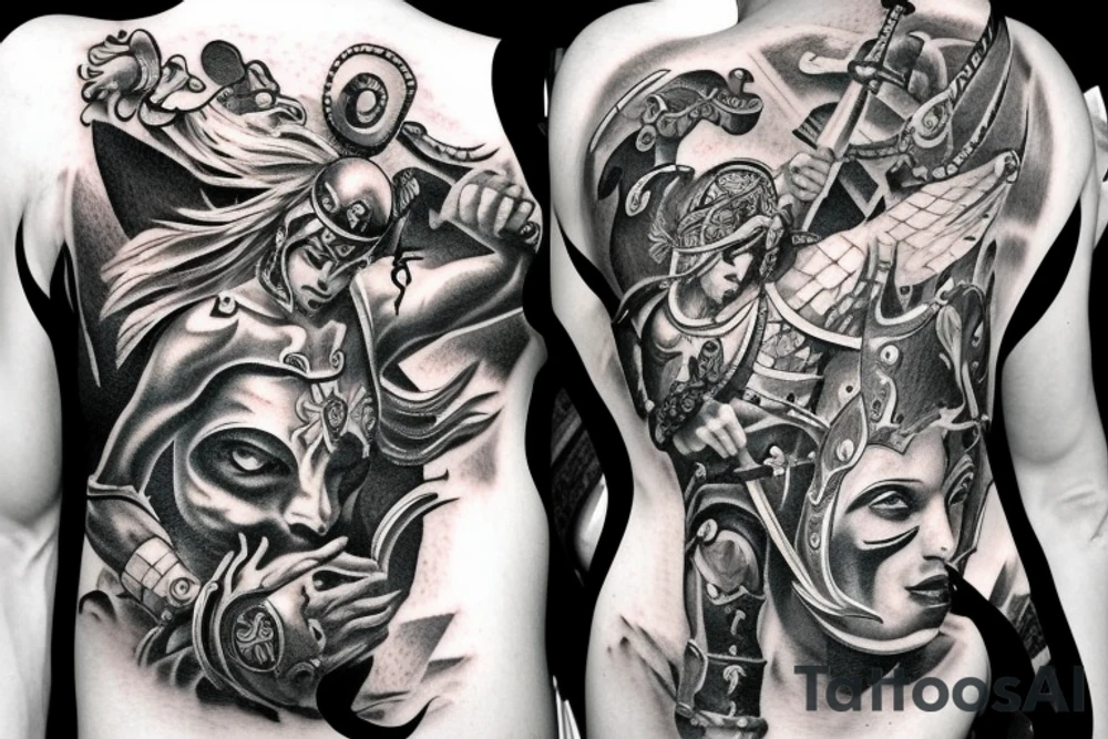 A gladiator fighting a demon tattoo idea