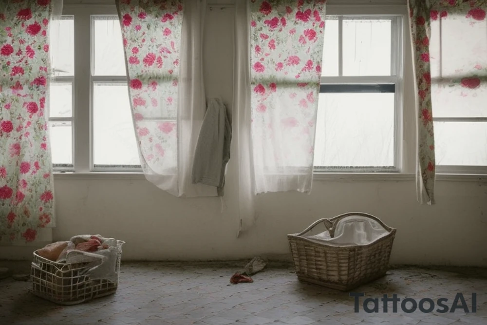 Envision a hushed laundromat scene embraced by the gentle touch of a sunlit summer afternoon. Infuse the composition with a wistful atmosphere, reflecting the solitude of the season. Depict flickering light filtering through windows, fading floral patterns on worn-out curtains, forlorn laundry baskets, idle ceiling fans, and a solitary figure lost in thoughts amidst the tranquil emptiness. tattoo idea