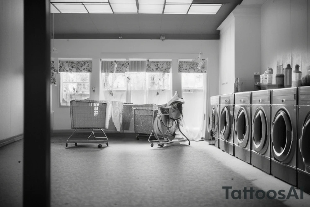 Envision a hushed laundromat scene embraced by the gentle touch of a sunlit summer afternoon. Infuse the composition with a wistful atmosphere, reflecting the solitude of the season. Depict flickering light filtering through windows, fading floral patterns on worn-out curtains, forlorn laundry baskets, idle ceiling fans, and a solitary figure lost in thoughts amidst the tranquil emptiness. tattoo idea
