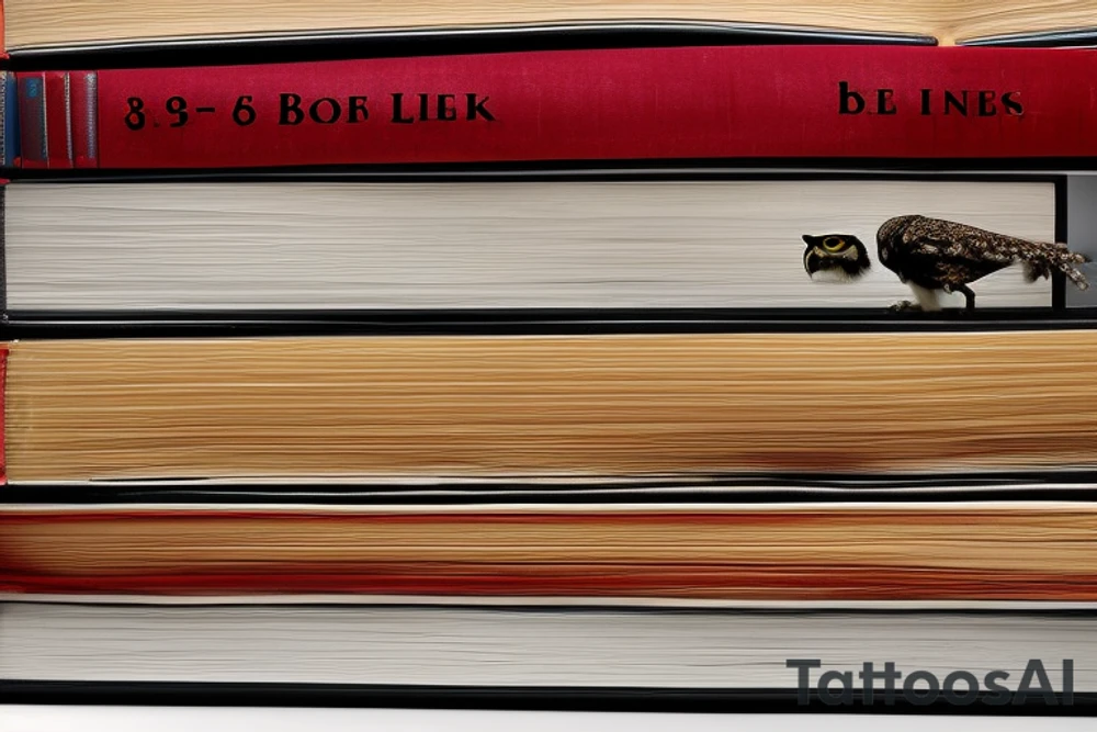 three books piled up on top of each other. an owl on top of the three books. Each book's spine faces the viewer. Each spine, instead of a title, has a date. The following dates are September 8, 1994; September 12, 2005;August 24, 2007. 
Add fine line florals surrounding the image. tattoo idea