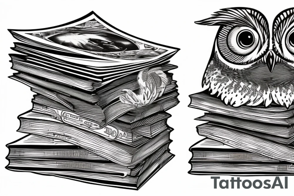 three books piled up on top of each other. an owl on top of the three books. Each book's spine faces the viewer. Add fine line florals surrounding the image. tattoo idea