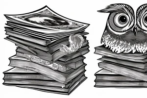 three books piled up on top of each other. an owl on top of the three books. Each book's spine faces the viewer. Add fine line florals surrounding the image. tattoo idea