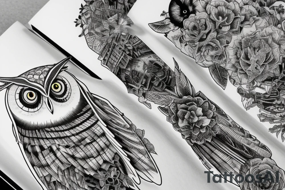 three books piled up on top of each other. an owl on top of the three books. Each book's spine faces the viewer. Add fine line florals surrounding the image. tattoo idea