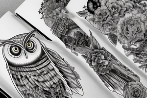 three books piled up on top of each other. an owl on top of the three books. Each book's spine faces the viewer. Add fine line florals surrounding the image. tattoo idea