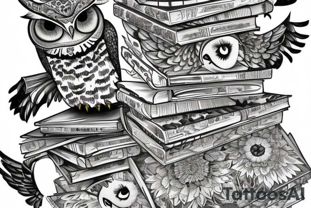 three books piled up on top of each other. an owl on top of the three books. Each book's spine faces the viewer. Add flowers around the image. tattoo idea