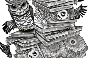 three books piled up on top of each other. an owl on top of the three books. Each book's spine faces the viewer. Add flowers around the image. tattoo idea