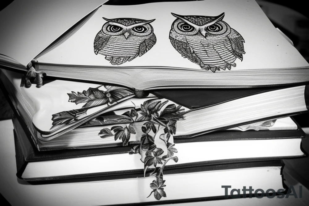 three books piled up on top of each other. an owl on top of the three books. Each book's spine faces the viewer. Add flowers around the image. tattoo idea