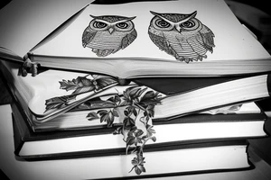 three books piled up on top of each other. an owl on top of the three books. Each book's spine faces the viewer. Add flowers around the image. tattoo idea