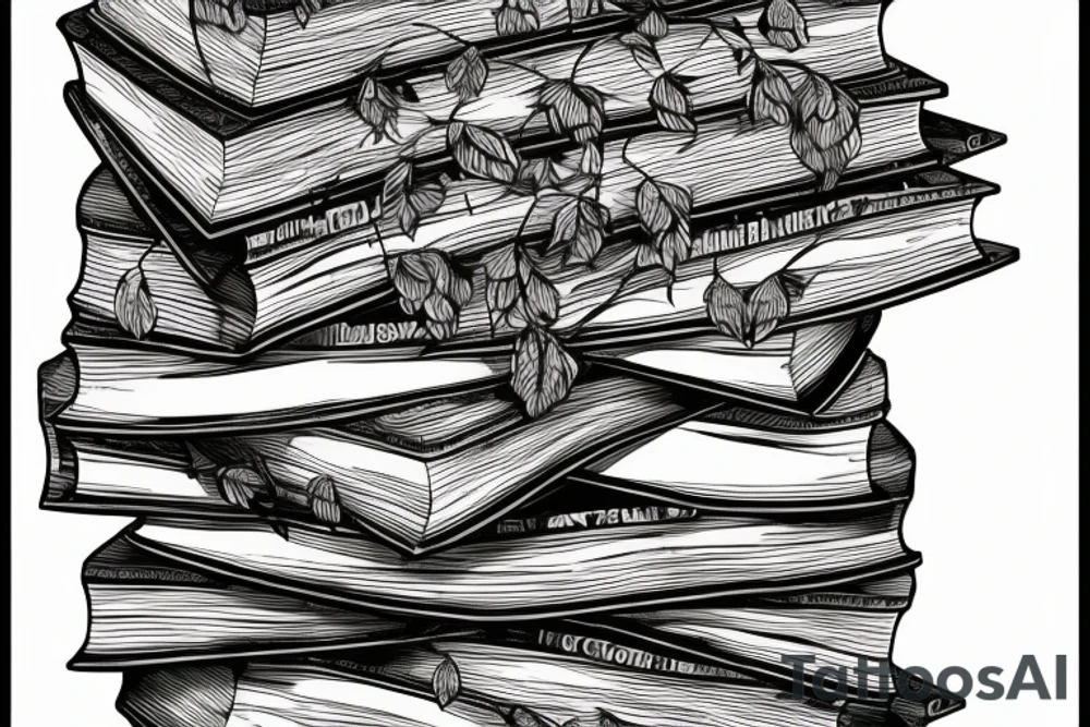three books piled up on top of each other. an owl on top of the three books. Each book's spine faces the viewer. Add flowers around the image. tattoo idea