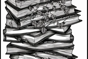 three books piled up on top of each other. an owl on top of the three books. Each book's spine faces the viewer. Add flowers around the image. tattoo idea