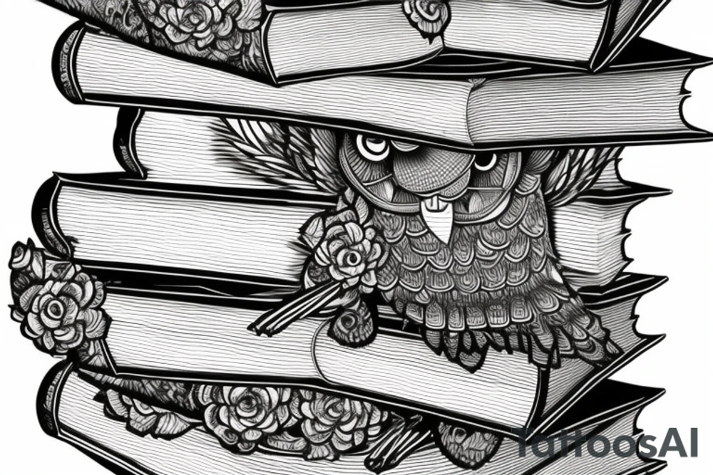 three books piled up on top of each other. an owl on top of the three books. Each book's spine faces the viewer. Add flowers around the image. tattoo idea