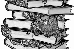 three books piled up on top of each other. an owl on top of the three books. Each book's spine faces the viewer. Add flowers around the image. tattoo idea
