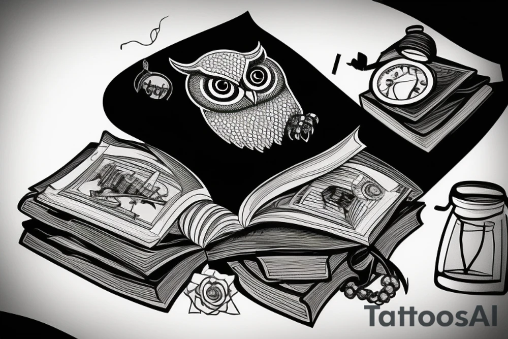 Three books, piled up on one another. Owl resting on top of books. tattoo idea