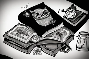 Three books, piled up on one another. Owl resting on top of books. tattoo idea