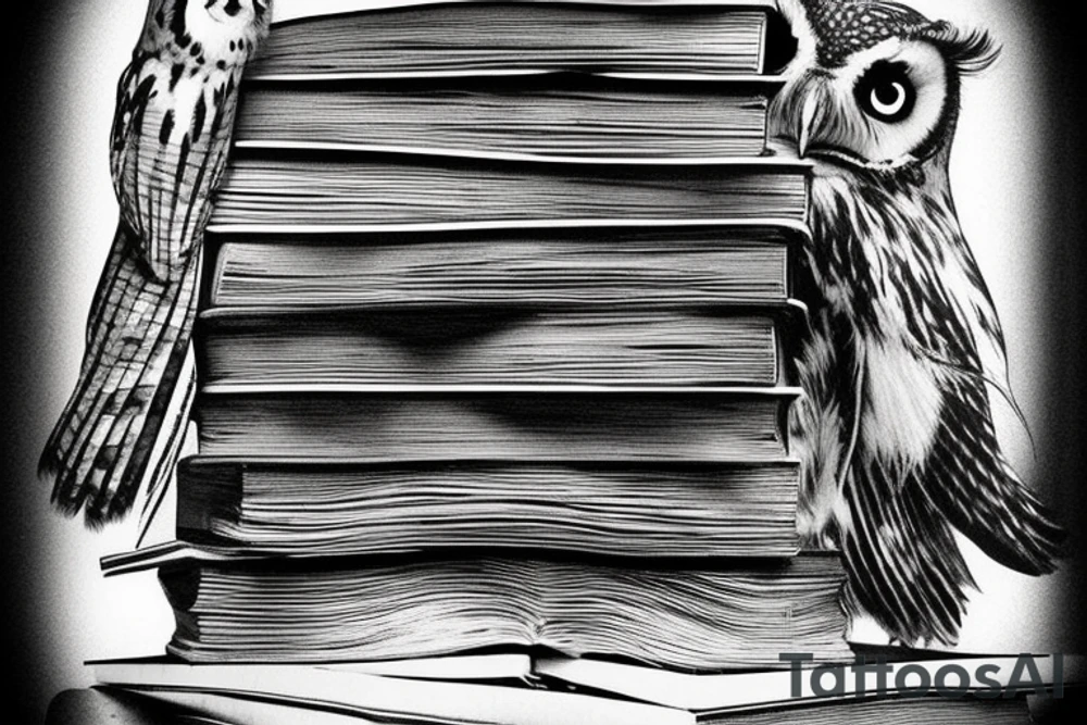 Three books, piled up on one another. Owl resting on top of books. tattoo idea