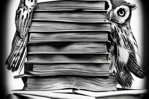 Three books, piled up on one another. Owl resting on top of books. tattoo idea