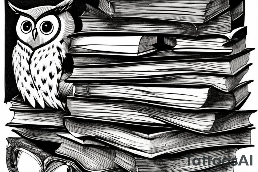 Three books, piled up on one another. Owl resting on top of books. tattoo idea