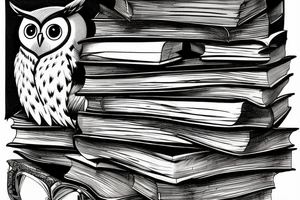 Three books, piled up on one another. Owl resting on top of books. tattoo idea