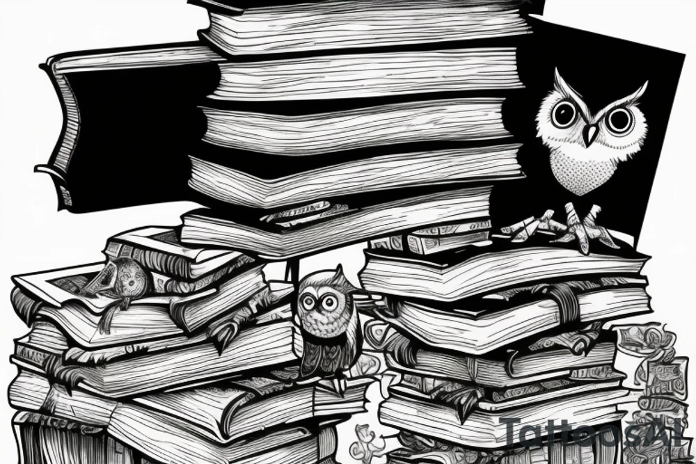 Three books, piled up on one another. Owl resting on top of books. tattoo idea