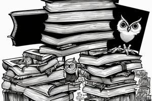 Three books, piled up on one another. Owl resting on top of books. tattoo idea