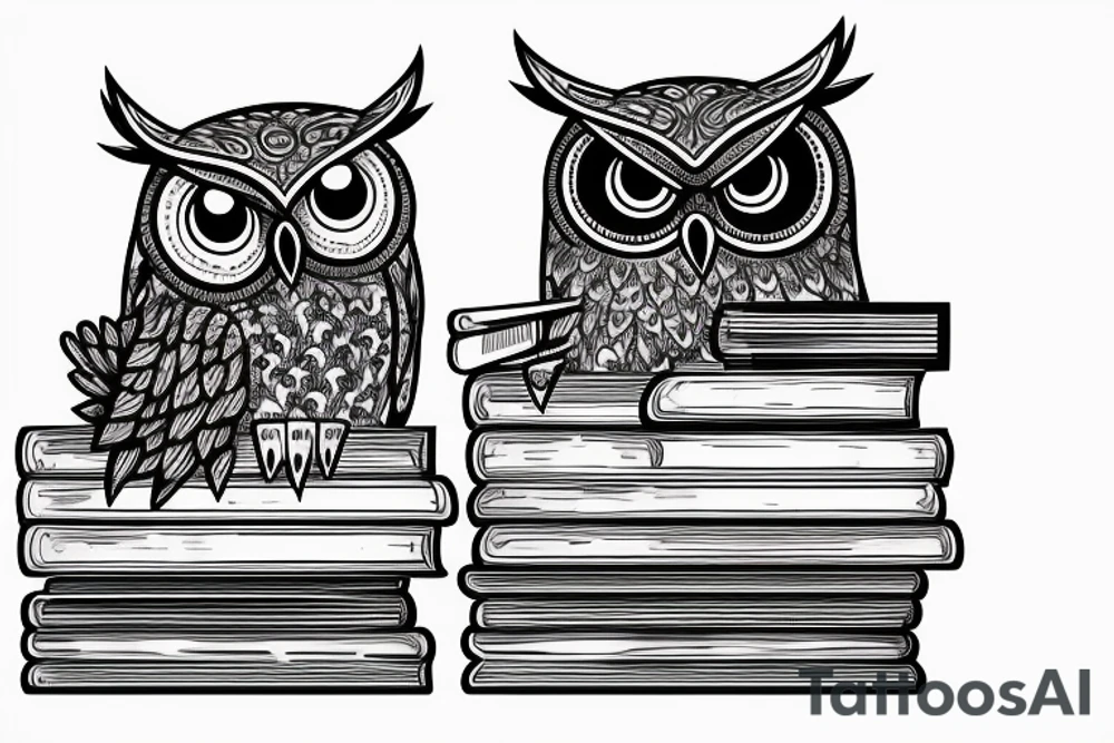 Three books, piled up on one another. Owl resting on top of books. tattoo idea