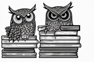 Three books, piled up on one another. Owl resting on top of books. tattoo idea