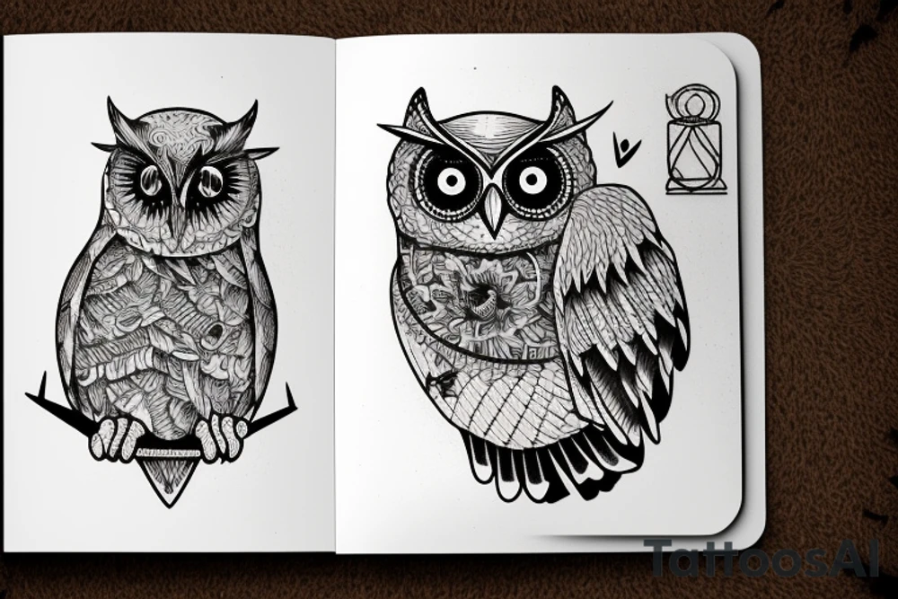 Three books, piled up on one another. Owl resting on top of books. tattoo idea