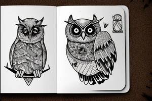Three books, piled up on one another. Owl resting on top of books. tattoo idea
