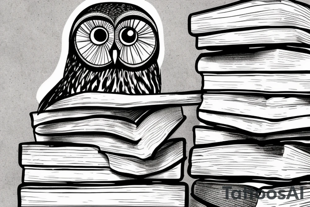 Three books, piled up on one another. Owl resting on top of books. tattoo idea