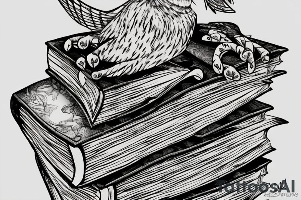 Three books, piled up on one another. Owl resting on top of books. tattoo idea
